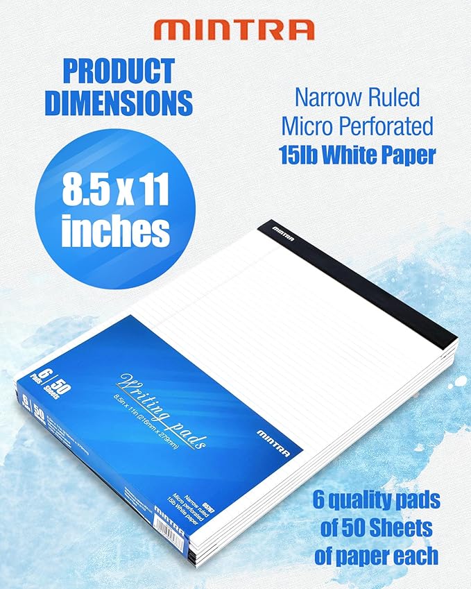 Mintra Office White Legal Pads – Ruled Notepads and Micro-Perforated Sheets, Ideal for Writing, Note-Taking & Creativity, Office, or Professional Use, Basic Pad 6 pack, 8.5"x11" (Narrow Ruled)