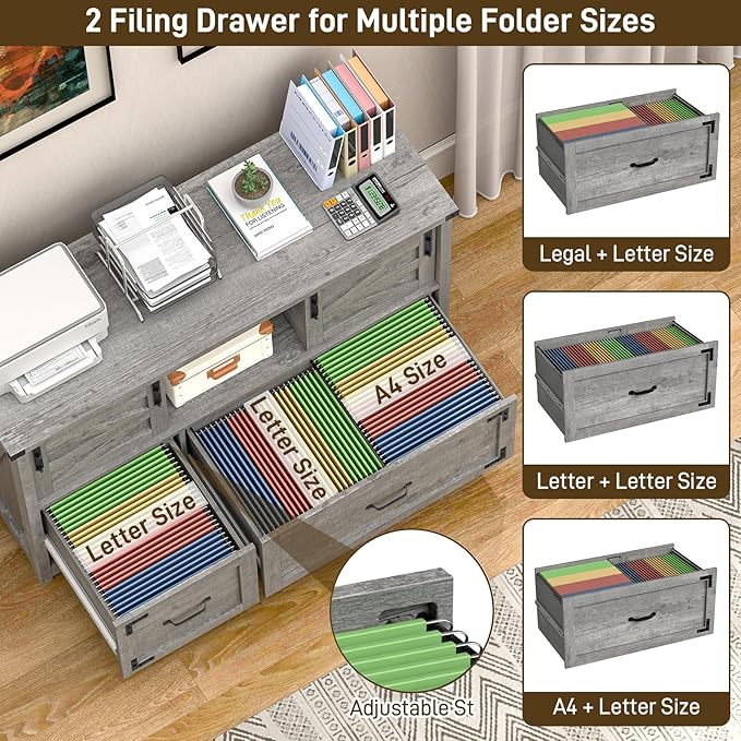 Vabches Lateral File Cabinets 2 Drawer with Sliding Barn Doors, Farmhouse Filing Cabinet with 2 Drawer for Home Office，Filing Organization Storage Cabinets for Hanging Files Letter/Legal/F4/A4.Grey