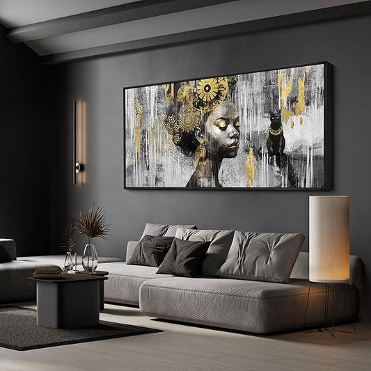 KLAKLA Black Wall Art - African American Black Girl Wall Art Colorful Black African Woman Black and Gold Picture Framed Wall Decor for Living Room Bedroom Home Decoration
