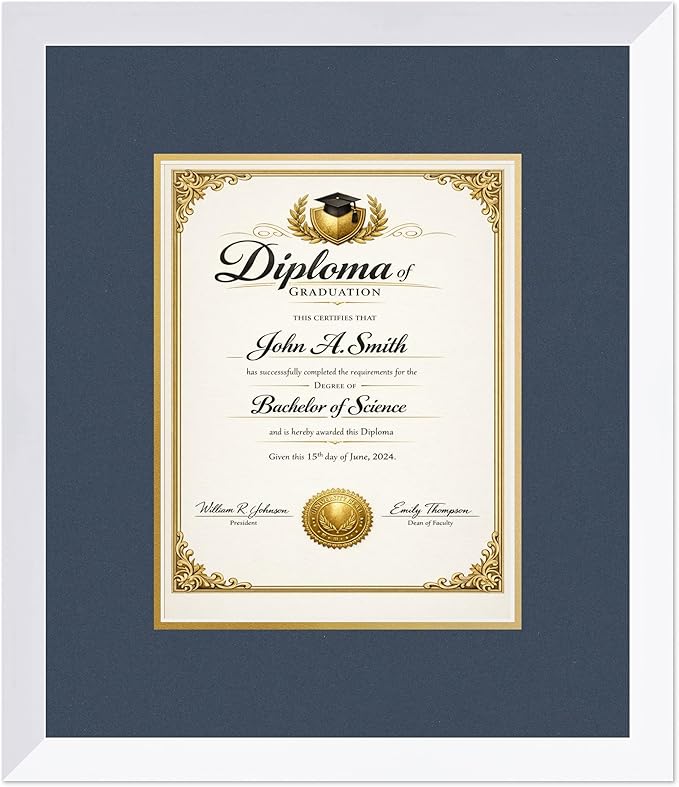 CountryArtHouse Diploma Frame Fits 8.5 x 11 Certificate (Portrait) - Keepsake Graduation Display Bright White Genuine Hardwood with Navy Blue Over Metallic Gold Double mat