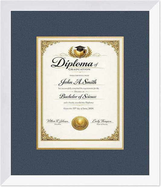 CountryArtHouse Diploma Frame Fits 8.5 x 11 Certificate (Portrait) - Keepsake Graduation Display Bright White Genuine Hardwood with Navy Blue Over Metallic Gold Double mat