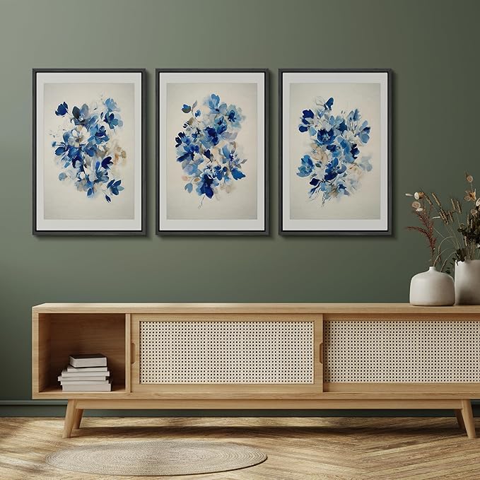 SIGNFORD Framed Wall Art Print Set Blue Blossom Watercolor Floral Botanical Digital Art Modern Art Contemporary for Living Room, Bedroom, Office - 24"x36"x3 BLACK