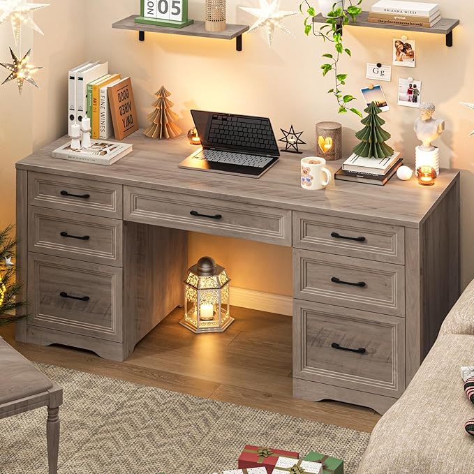 Farmhouse Executive Desk, Wood Home Office Desk with 2 Large File Drawers and 5 Storage Cabinets, Rustic Writing Desk for Work and Study, Grey