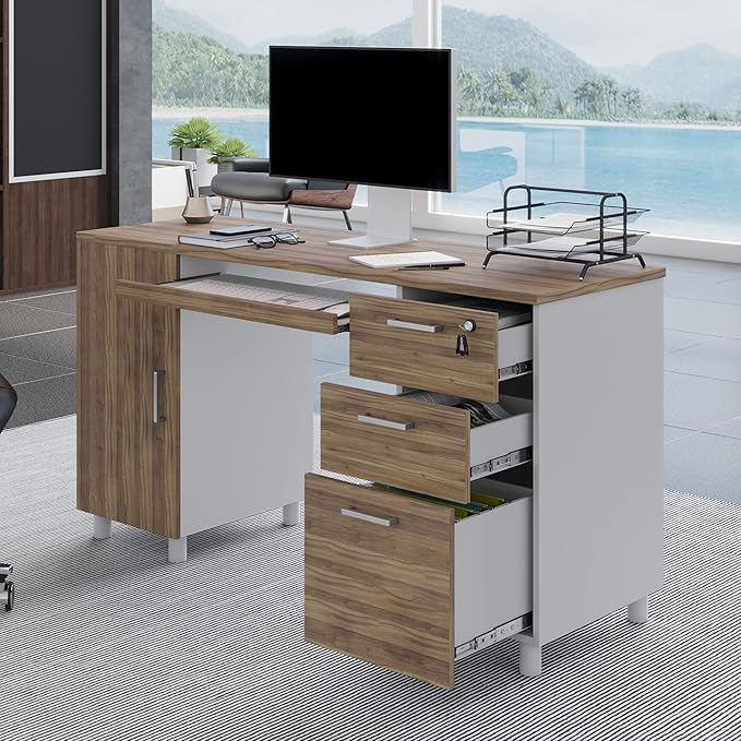 Modern Design Venice Computer Office Desk with 3 Locking Drawers and Storage Cabinet, 53 Inch Home and Office Executive Walnut and White Desk with Keyboard Tray by Crafts and Comfort