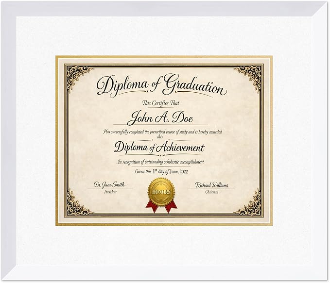 Diploma Frame Bright White with Oyster Shell Over Gold Double Mat - Fits 14 x 11 College Diploma (Modern) Wall Display Made in the USA
