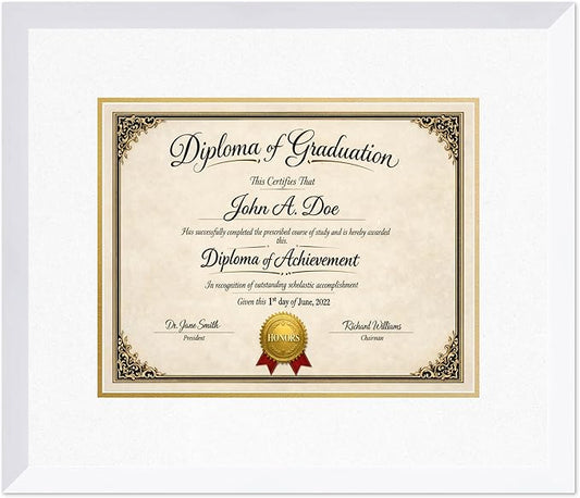 Diploma Frame Bright White with Oyster Shell Over Gold Double Mat - Fits 14 x 11 College Diploma (Modern) Wall Display Made in the USA