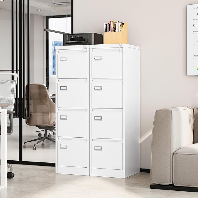 STANI Metal Vertical File Cabinet with Lock，Narrow Filing Cabinets Hanging Files Letter/Legal/A4 Size, Metal Storage Cabinet for Home Office, Assembly Required (White, 4-Drawer)