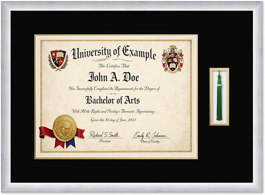 CountryArtHouse Diploma and Tassel Frame Fits 17 x 13 International Diploma with Tassel Hoo Stainless Silver Genuine Hardwood Shadowbox with Black Over Metallic Gold Double mat
