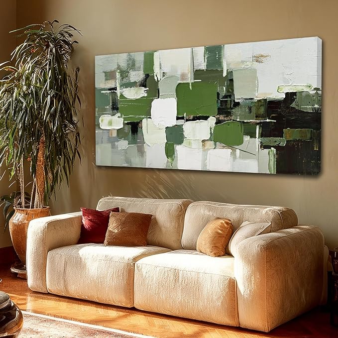 ZUNARE Abstract Geometric Wall Art Green White Black and Gray Canvas Painting, Layered Color Block Modern Artwork for Living Room Bedroom Kitchen Office Wall Decor 24"x48"