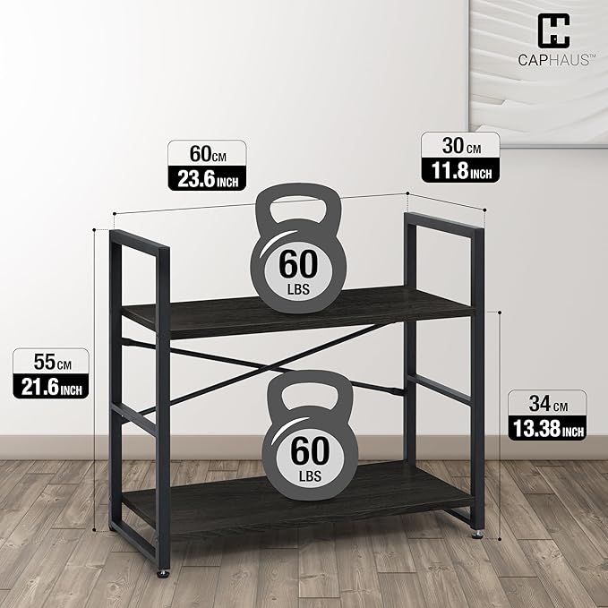 CAPHAUS 2 Tier Small Bookshelf, Bookcase Shelf Storage Organizer for Living Room, 24 Inch Width Free Standing Shelf, Industrial Book Shelves for Home Office, Black Vintage Shelves & Metal Frame