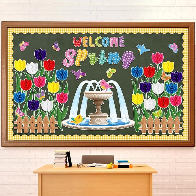Pajean Welcome Spring Bulletin Board Set 3D Honeycombs Tulip Flower Classroom Decorations Floral Bird Butterfly Cutouts for Wall Door Decor Spring Easter Classroom Birthday Party Supplies