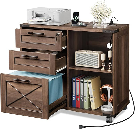 DEVAISE Wood File Cabinet with Charging Station, Mobile Lateral Filing Cabinet with Lock for Home Office, Printer Stand with Open Storage Shelves, Dark Brown