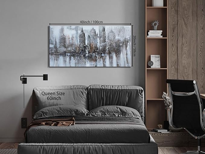Arjun Abstract Cityscape Canvas Wall Art - New York City Modern Wall Decor, NYC Urban Skyline Painting Grey and White Textured Framed Large Artwork Living Room Bedroom Home Office 40"x20"