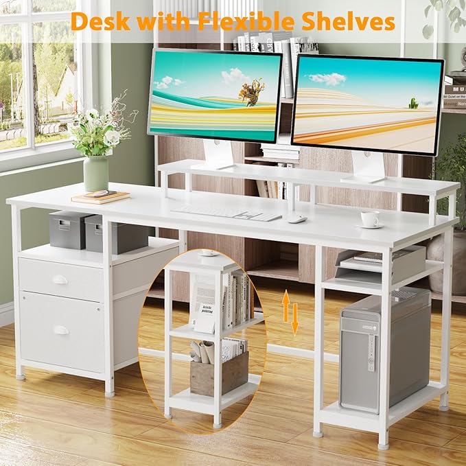 Furologee 61" Computer Desk with Fabric File Cabinet & Drawer, Reversible White Table with Storage Shelf, Office Desk with Long Monitor Stand, Writting Table Workstation, for Home/Office/White