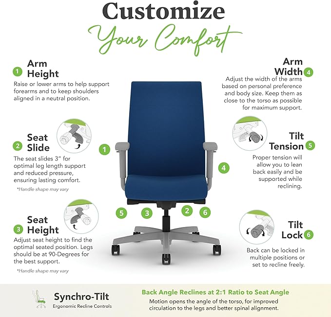 HON Ignition 2.0 Fabric Office Chair, Upholstered, Adjustable Arms, Advanced Synchro-Tilt Recline Executive Ergonomic Office Chair, Titanium Frame, Indigo
