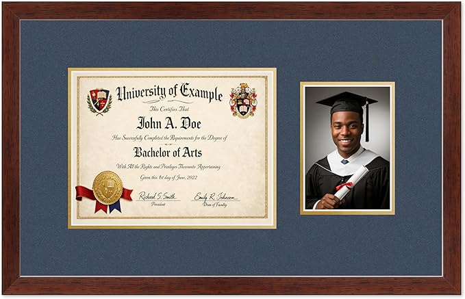 CountryArtHouse Fits 11 x 8.5 US Letter Certificate and 5 x 7 Photo Diploma and Photo Frame Rustic Walnut Genuine Hardwood with Navy Blue Over Metallic Gold Double mat
