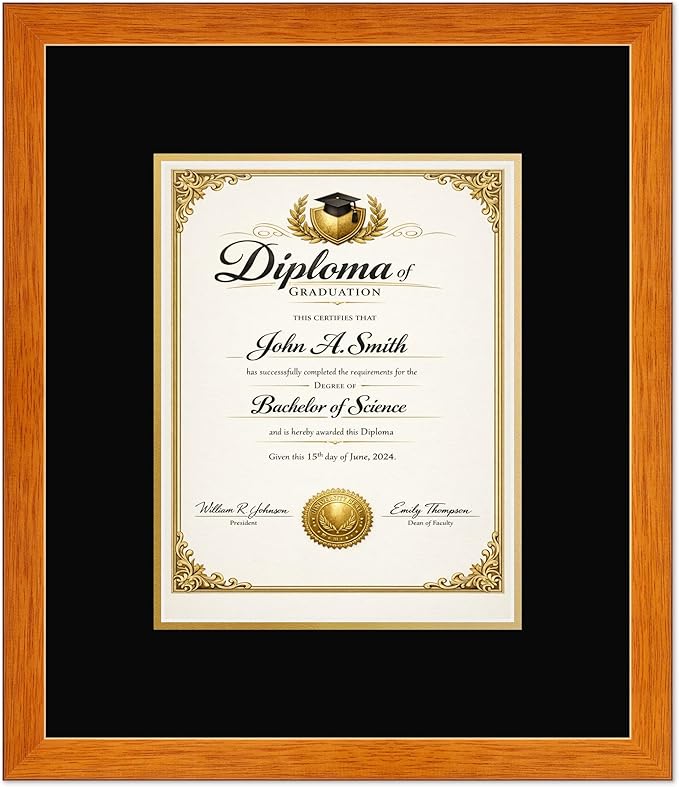 CountryArtHouse Diploma Frame Fits 8.5 x 11 Certificate (Portrait) - Keepsake Graduation Display Honey Oak Genuine Hardwood with Black Over Metallic Gold Double mat