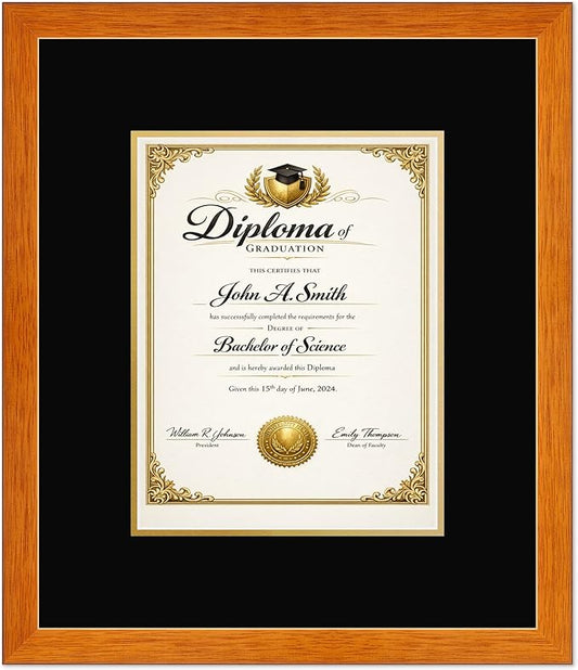 CountryArtHouse Diploma Frame Fits 8.5 x 11 Certificate (Portrait) - Keepsake Graduation Display Honey Oak Genuine Hardwood with Black Over Metallic Gold Double mat