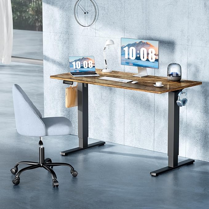 DUMOS 63 Inch Electric Standing Desk Height Adjustable, Sit to Stand Computer Workstations Large Work PC Table Home Office Writing Gaming Desks with Memory Presets for Walking Pad, Bedroom, Rustic