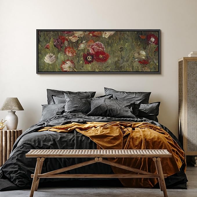 SIGNFORD Large Framed Canvas Vintage Red and White Poppy Field Illustrations Modern Art Calm Warm for Living Room, Bedroom, Office - 60"x20"
