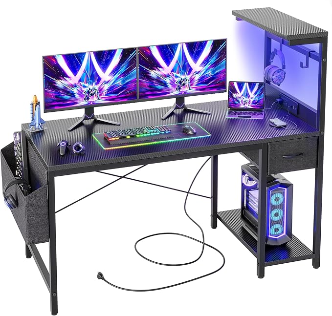 TIQLAB Gaming Desk 47 inch with Power Outlet and LED Light, Computer Desk with Reversible Shelves and Storage Drawer, Small PC Desk for Home Office Table with Bag, Carbon Fiber Black