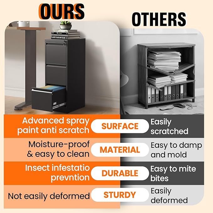 3 Drawer File Cabinet with Lock, Metal Filing Cabinet for Home Office, Vertical File Cabinet for Letter/Legal/A4/F4 Documents, Easy to Assemble Steel Storage Cabinet