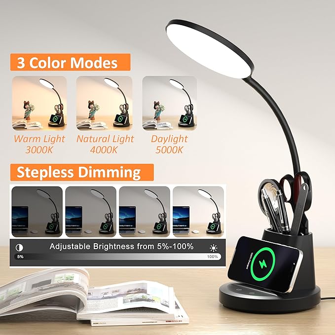 Desk Lamp with Wireless Charger, LED Desk Lamps for Home Office with Pen Holder, Dimmable Eye-Caring Study Desk Light Flexible Arm 3 Color Modes for College Dorm, 800 Lumens CRI 90