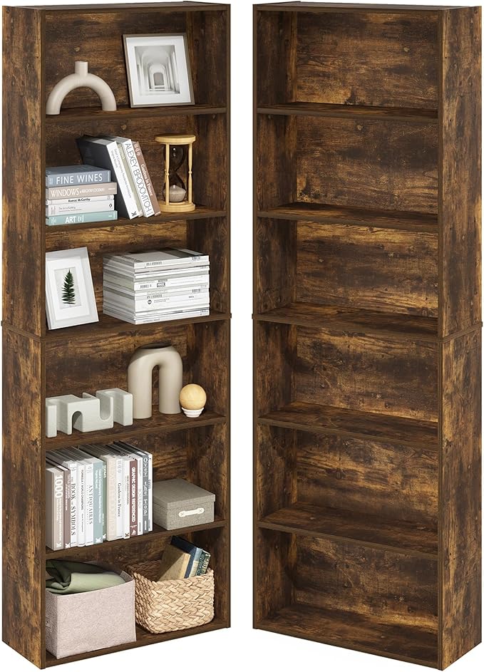 Furinno Jaya Book Shelf Set of 2, 6-Tier Bookshelf, Bookcase, 9.5 x 24.6 x 71, for Home Office, Living Room, Amber Pine
