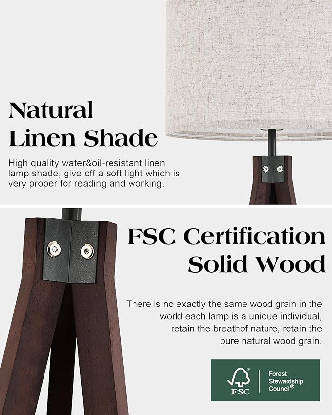 ELYONA Wood Tripod Floor Lamp with 3 Color Temperatures Bulb, Mid Century Modern Reading Standing Light, Farmhouse Floor Light Linen Shade for Living Room Bedroom Office, Walnut, 9W LED Bulb Include