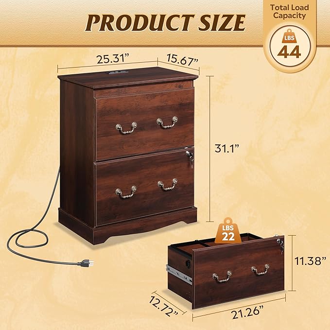 DEVAISE 2 Drawer File Cabinet,Lateral Vintage Farmhouse Wood Filing Cabinet with Lock & Charging Station for Letter/Legal/A4 Size, Brown Oak