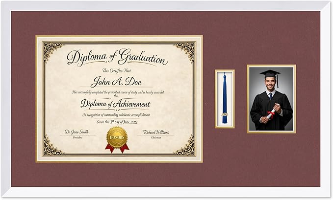 Diploma Tassel and Photo Frame Bright White Shadowbox Dark Red Over Gold Mat - Fits 17 x 13 Degree Picture Made in the USA