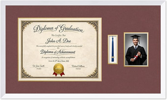Diploma Tassel and Photo Frame Bright White Shadowbox Dark Red Over Gold Mat - Fits 17 x 13 Degree Picture Made in the USA