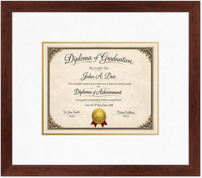 Diploma Frame Rustic Walnut with Oyster Shell Over Gold Double Mat - Fits 10 x 8 Professional License Wall Display Made in the USA