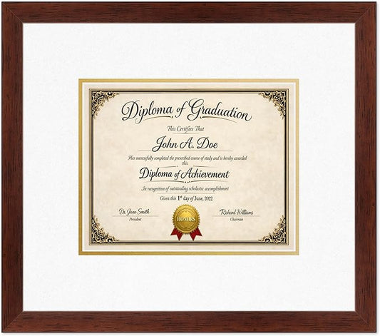 Diploma Frame Rustic Walnut with Oyster Shell Over Gold Double Mat - Fits 10 x 8 Professional License Wall Display Made in the USA