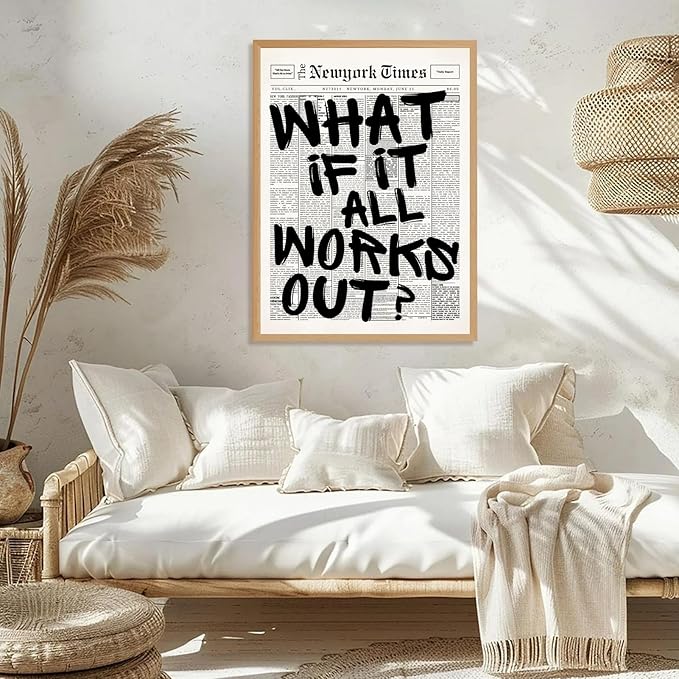 What If It All Works Out Wall Art Retro Black and White Newspaper Motivational Poster Positive Affirming Quote Minimalist Canvas Print for Bedroom Living Room Home Decor 24x36inch Wood Color Framed