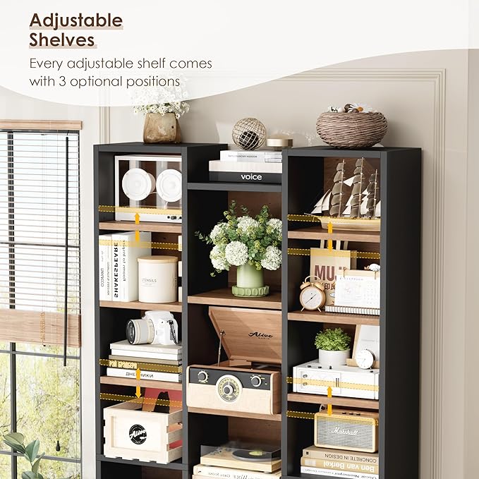 FOTOSOK 71'' Tall Bookshelf with 21 Cubes, 8 Tier Triple Wide Bookshelf with 8 Adjustable Shelves, 35" Large Bookcase DVD/CD Media Tower Storage, Freestanding Display Shelf Cabinet, Black/Brown
