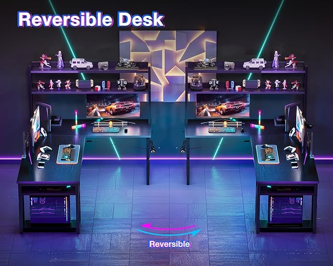 ODK L Shaped Gaming Desk with Hutch, Computer Desk with Storage Shelves, 66" L Shaped Desk for Home Office, Corner Desk with Headphone Hook, Black