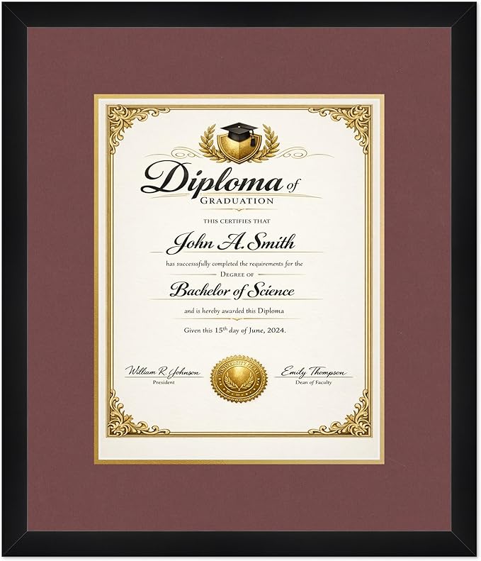CountryArtHouse Diploma Frame Fits 11 x 14 College Diploma (Portrait) - Keepsake Graduation Display Matte Black Genuine Hardwood with Dark Red Over Metallic Gold Double mat