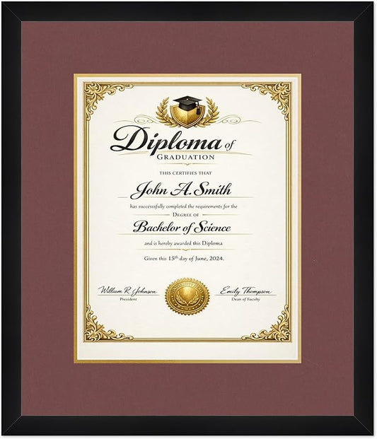 CountryArtHouse Diploma Frame Fits 11 x 14 College Diploma (Portrait) - Keepsake Graduation Display Matte Black Genuine Hardwood with Dark Red Over Metallic Gold Double mat