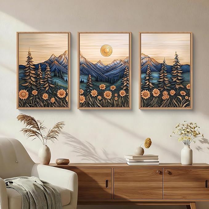 Aryroi Vintage Woodcut Style Mountain Framed Canvas Wall Art Set, Natural Forest Pine Tree Sunflower Wall Decor,Abstract Sunrise Botanical Landscape Artwork for Living Room,Bedroom,Office-24 x36 x3