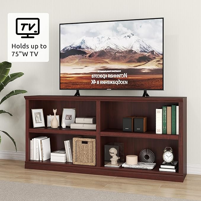 blini Low Horizontal Bookshelf Double Wide 64" 2-Tier Bookcase 4 Cube Storage Organizer Cherry Wood Bookcases for Bedroom and Home Office Decor Display