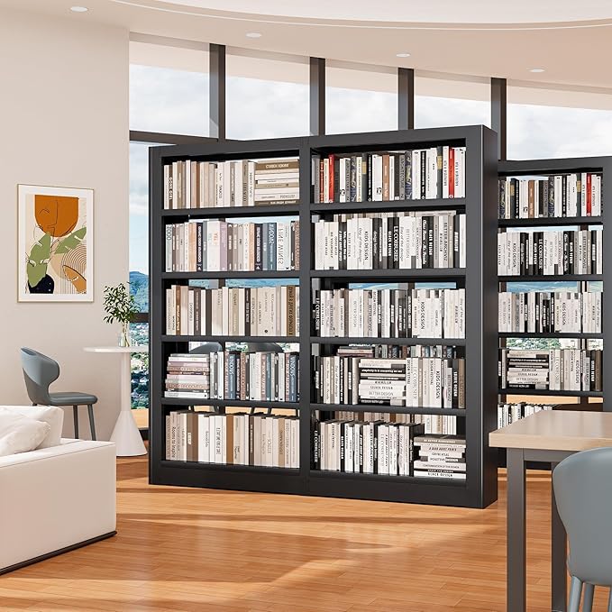 5-Tier Industrial Black Metal Bookshelf - Freestanding Tall Storage Organizer for Living Room & Home Office