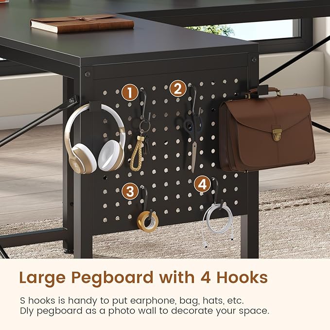 L Shaped Desk, 67" Reversible Computer Desk with 4 Fabric Drawers and Power Outlet, Corner U Shaped Desk with Shelf and Pegboard for Home Office, Black