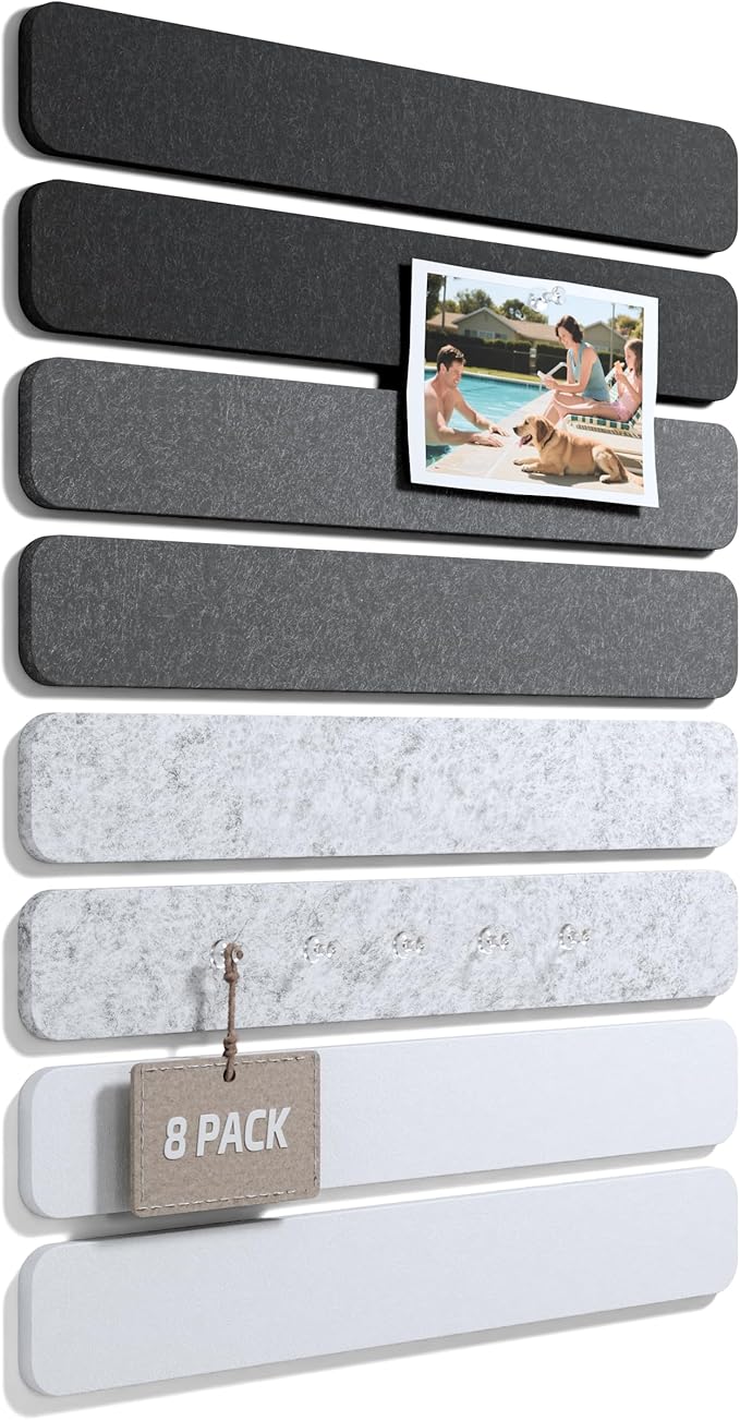 Fluxynara Cork Board Alternative Felt Strip Board 8-Pack 13"x2", Office Pin Board with 50 Push Pins, Adhesive Install for Bedroom Door & Home Office(Concrete Echo)