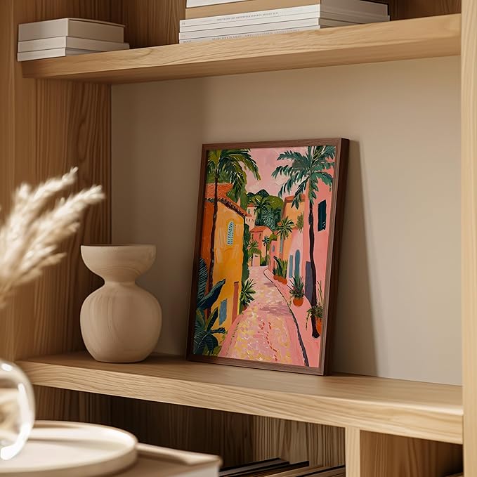 HAUS AND HUES Floral Art Wall Decor - Wildflowers Wall Art for Living Room, Floral Artwork for Bedroom Walls, Flower Painting for College Girls Dorm Room (Palm Tree City, Walnut Frame, 11x14)