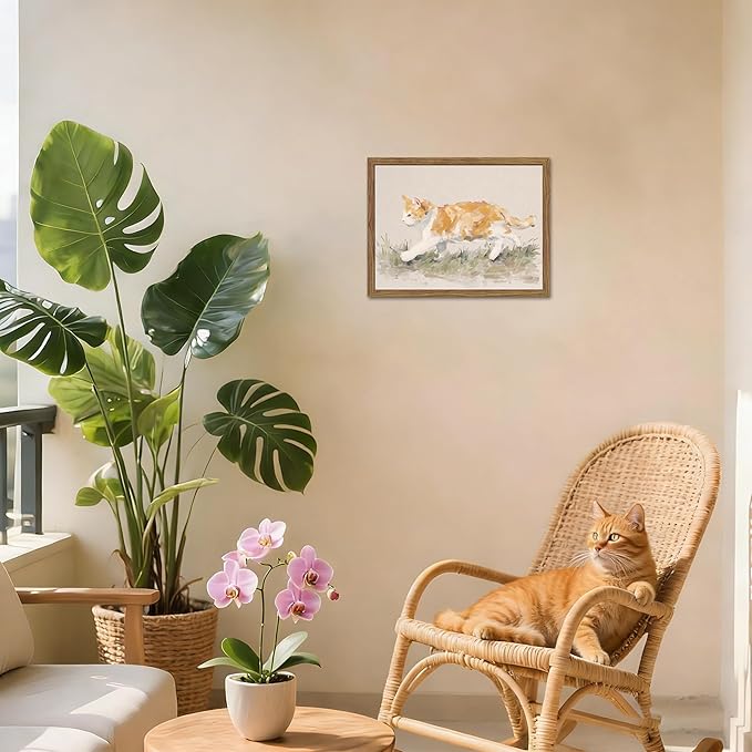 Framed Cat Wall Art, Vintage Orange Cat Canvas Wall Decor Picture, Minimalist Cute Animal Artwork Prints Oil Painting, for Living Room Bedroom Nursery Farmhouse Decor 16x24 Inch