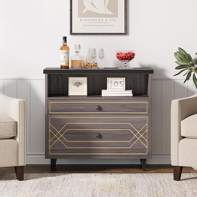 Lateral File Cabinet with Shelf, 2 Drawer Filing Cabinet for A4/Letter/Legal Size, Modern Industrial Office Storage Cabinet Printer Stand for Home Office, Gray Brown