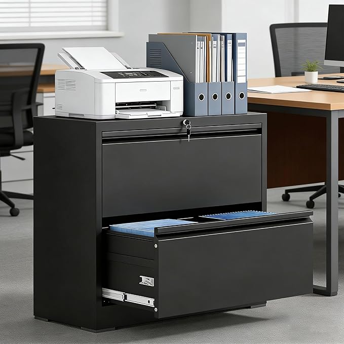 2 Drawer Lateral File Cabinet with Lock, Metal Lateral Filing Cabinet for Home Office, Steel Wide Horizontal Filing Cabinets for Letter/Legal/A4/F4 Hanging Files (Black)