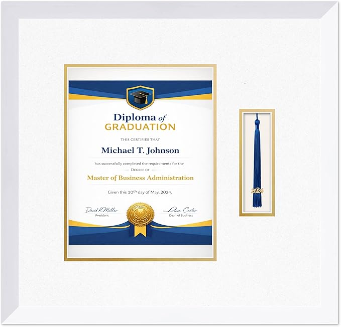 Diploma Frame with Tassel Holder Bright White Shadowbox Oyster Shell Over Gold Mat - Fits 8.5 x 11 Degree Made in the USA