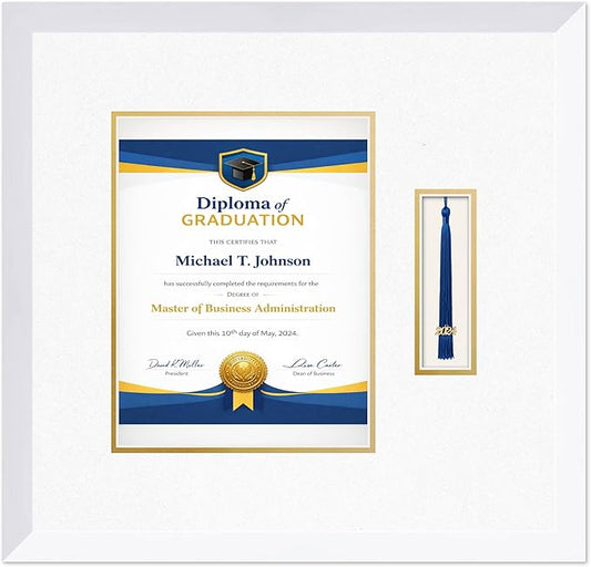 Diploma Frame with Tassel Holder Bright White Shadowbox Oyster Shell Over Gold Mat - Fits 8.5 x 11 Degree Made in the USA
